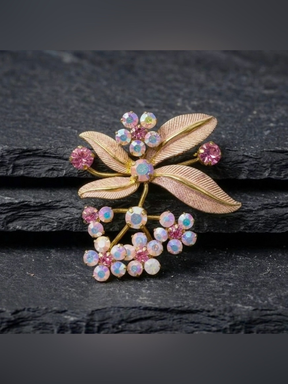 Vintage 50s Austria Pink Opalescent Crystal Enamel Flower Pendant Brooch Cottage